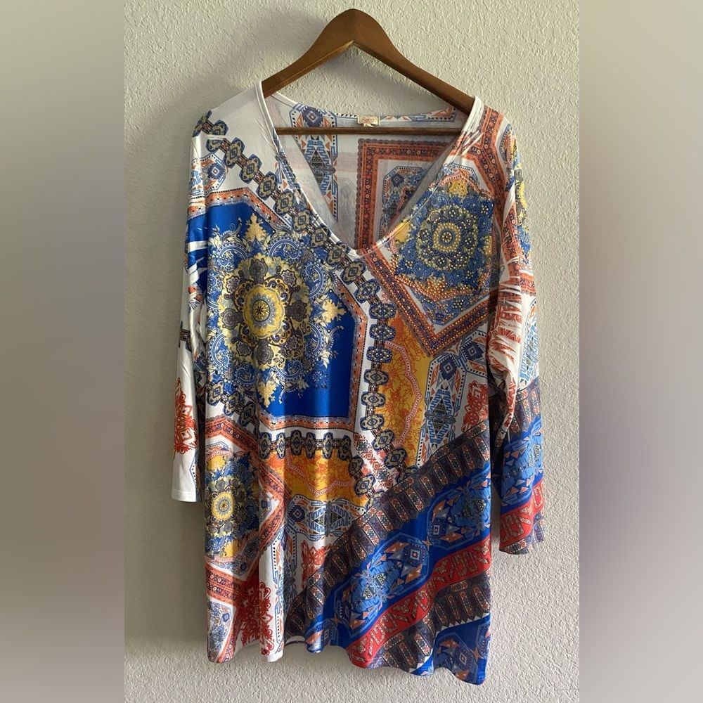Reba Woman V-neck Jeweled 3/4 Sleeve Tunic Top Blouse Blue White Orange plus 1X